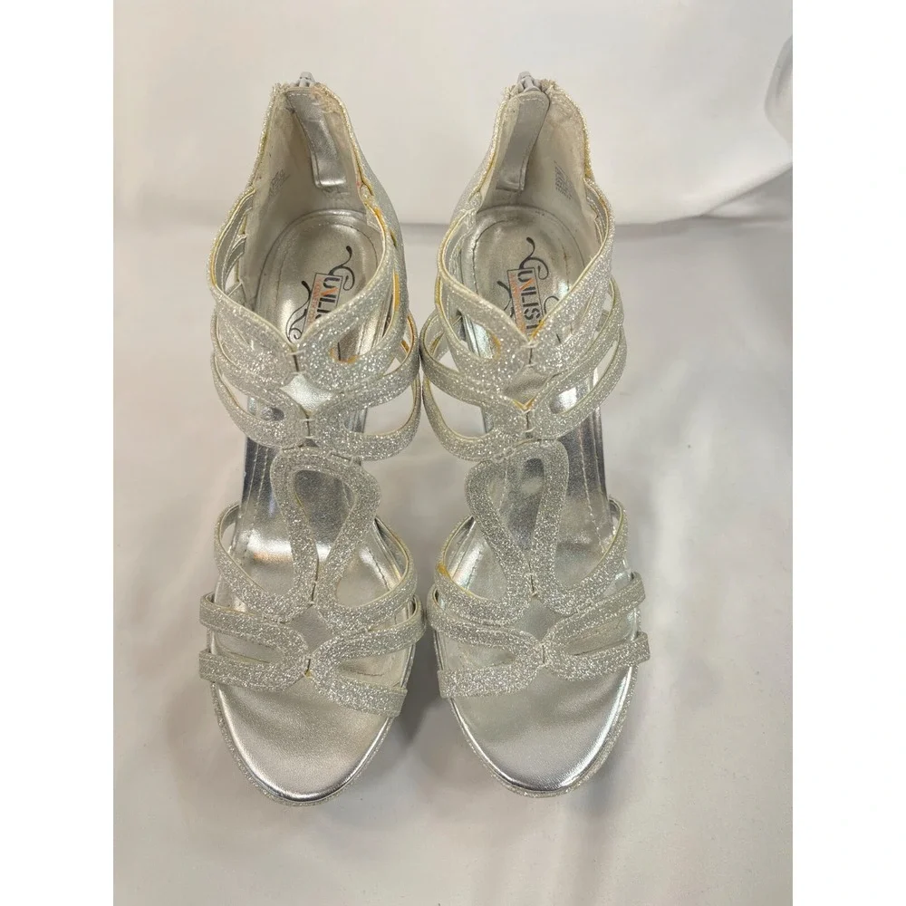 Kenneth Cole Women 7.5 Unlisted Glitter Silver Prom Shoe Heeled Platform Sandals